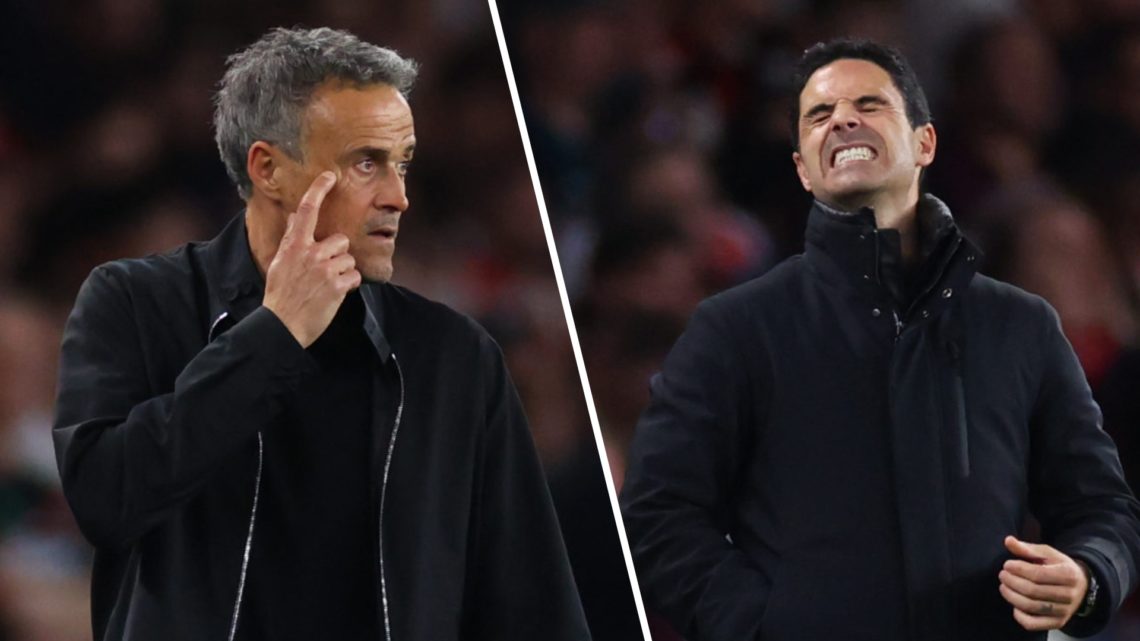 Luis Enrique gestures during Arsenal vs PSG as Mikel Arteta reacts