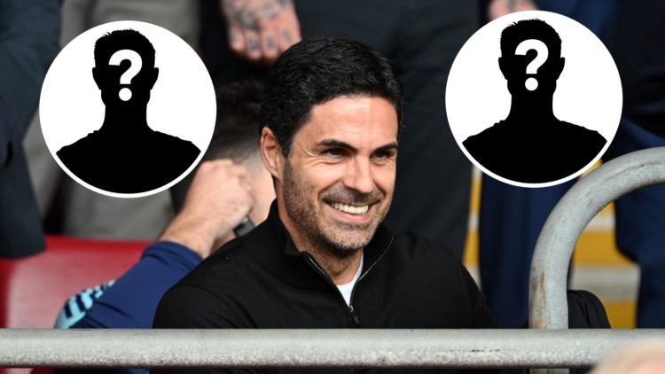 Mikel Arteta smiles during an Arsenal match against Southampton, with two mystery player insets.