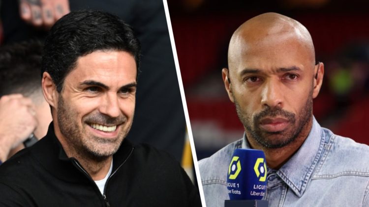 Left: Mikel Arteta smiling in the stands during Arsenal's 2-1 Premier League win against Southampton. Right: Thierry Henry working as a pundit at t...