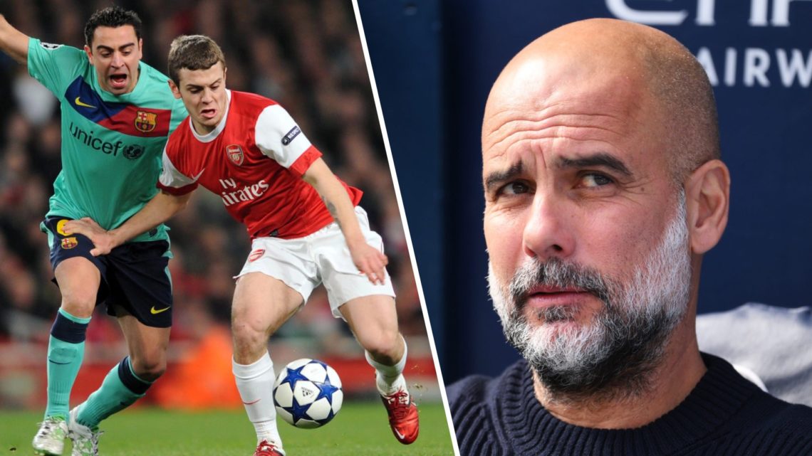 Left: Jack Wilshere dribbles past Xavi Hernandez during Arsenal's 2-1 Champions League win against Barcelona. Right: Manchester City manager Pep Gu...