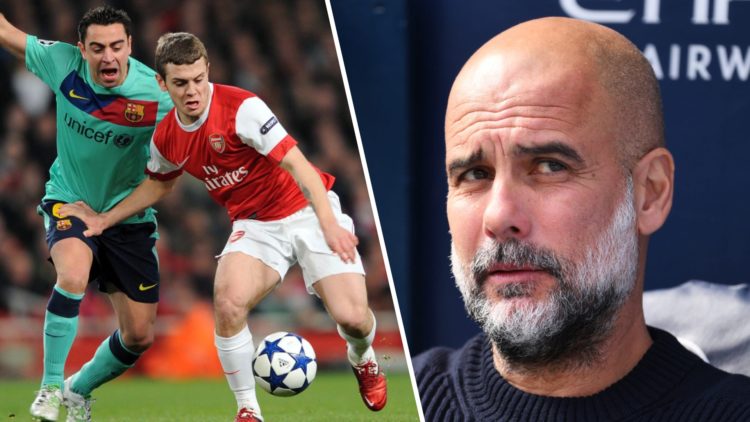Left: Jack Wilshere dribbles past Xavi Hernandez during Arsenal's 2-1 Champions League win against Barcelona. Right: Manchester City manager Pep Gu...