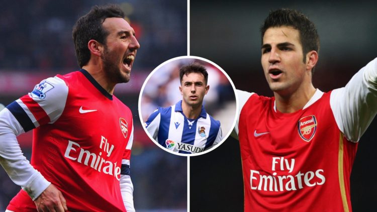 Left: Santi Cazorla celebrates after scoring during Arsenal's 2-1 against Aston Villa. Right: Arsenal's Cesc Fabregas celebrates beating Chelsea. I...