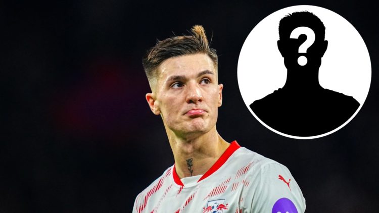 Benjamin Sesko of RB Leipzig looks on during the 1. Bundesliga match between RB Leipzig and Borussia Dortmund at Red Bull arena, with mystery playe...