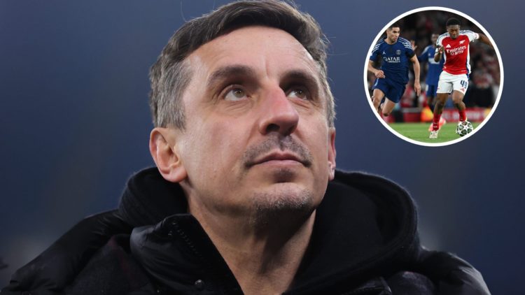 Pundit Gary Neville during the Barclays Women's Super League match between Manchester City and Manchester United, with inset of Myles Lewis-Skelly ...
