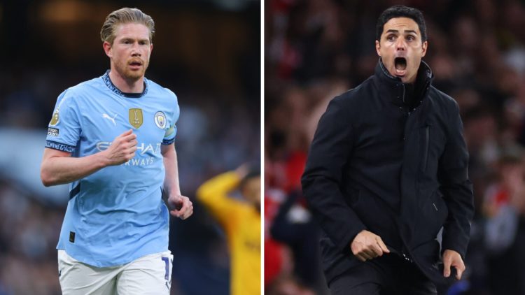 Kevin De Bruyne of Manchester City during the Premier League match between Manchester City FC and Wolverhampton Wanderers FC (L), Mikel Arteta mana...