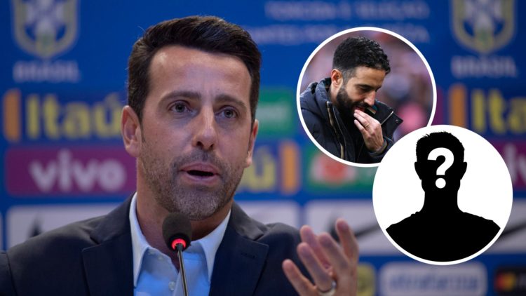 Edu Gaspar speaks during a press conference with insets of Ruben Amorim reacts during the Premier League match between Manchester United and Everto...