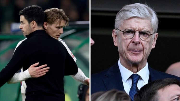 A split image featuring Martin Odegaard, Mikel Arteta and Arsene Wenger.