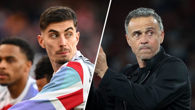 Split image of Kai Havertz prior to the Premier League match between Arsenal and Manchester City (L) and Luis Enrique celebrating the victory follo...