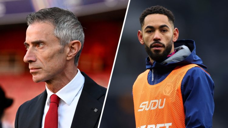 Arsenal sporting director Andrea Berta at the Emirates Stadium split with Matheus Cunha of Wolves warming up pre-match.