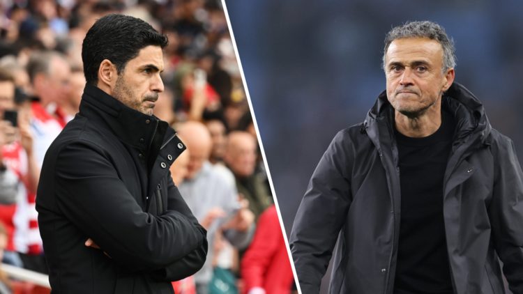 A split image featuring Mikel Arteta and Luis Enrique