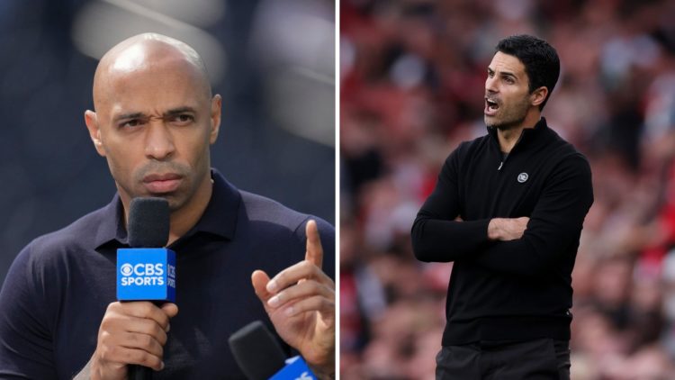 Split image of (L) Thierry Henry while working as a pundit for CBS Sports and (R) Mikel Arteta shouting instructions from the touchline during an A...