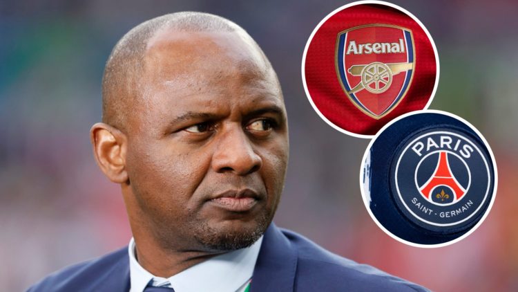 Image of Patrick Vieira looking serious with insets of the Arsenal and Paris Saint-Germain badges