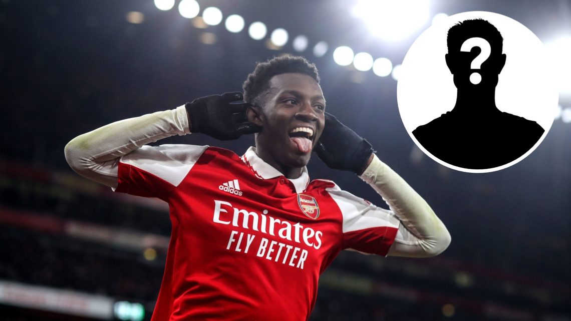 Eddie Nketiah of Arsenal celebrates scoring the winning goal during the Premier League match between Arsenal FC and Manchester United at Emirates S...