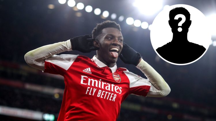 Eddie Nketiah of Arsenal celebrates scoring the winning goal during the Premier League match between Arsenal FC and Manchester United at Emirates S...