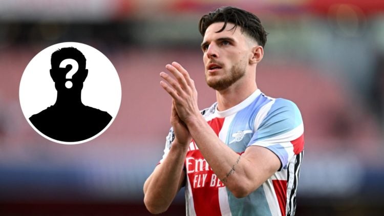 Image of Declan Rice applauding Arsenal fans before a game with an inset of a mystery player