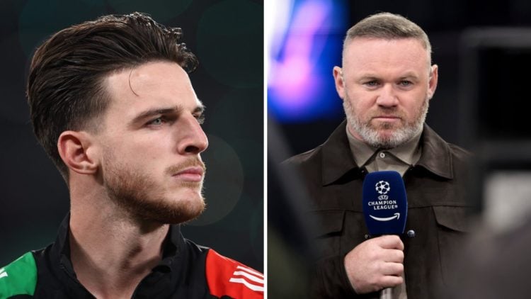 Split image of (L) Arsenal star Declan Rice before a Champions League game and (R) Wayne Rooney while working as a pundit