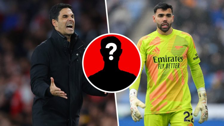 A split image featuring Mikel Arteta reacting during an Arsenal game and goalkeeper David Raya looking on
