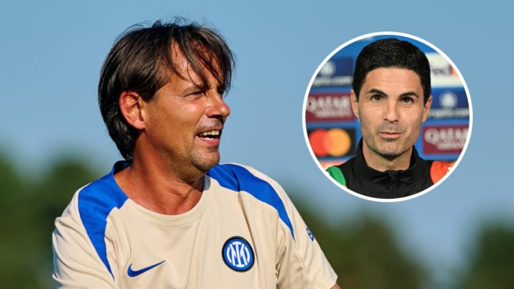 Head Coach Simone Inzaghi of FC Internazionale during the FC Internazionale training session with an inset of Mikel Arteta of Arsenal holds a press...