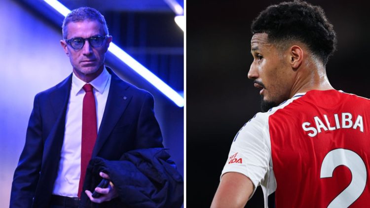 A split image featuring Andrea Berta and Arsenal star William Saliba