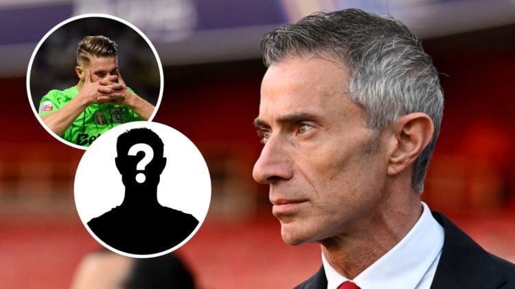 Image of Arsenal sporting director Andrea Berta looking serious with insets of Viktor Gyokeres celebrating a goal and a mystery image