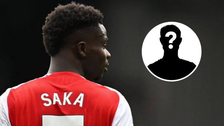 Bukayo Saka of Arsenal looks on during the Premier League match between Ipswich Town FC and Arsenal FC with mystery icon inset.
