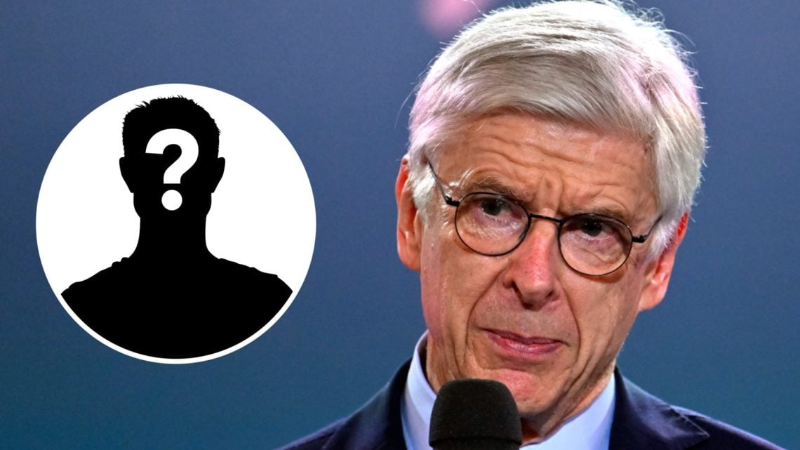 Image of Arsenal legend Arsene Wenger speaking at an event with an inset of a mystery player