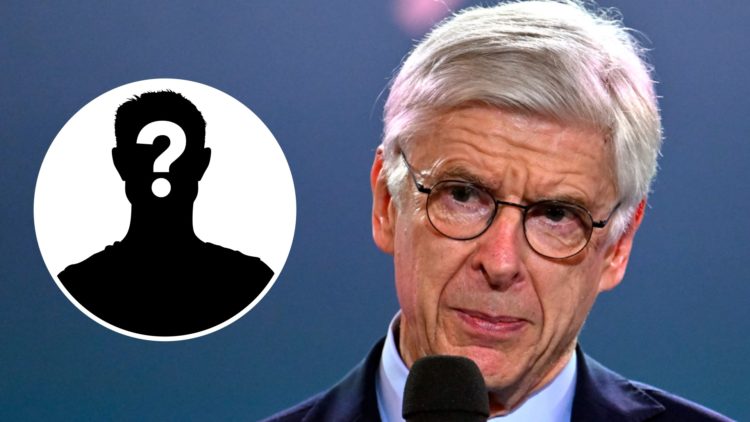 Image of Arsenal legend Arsene Wenger speaking at an event with an inset of a mystery player