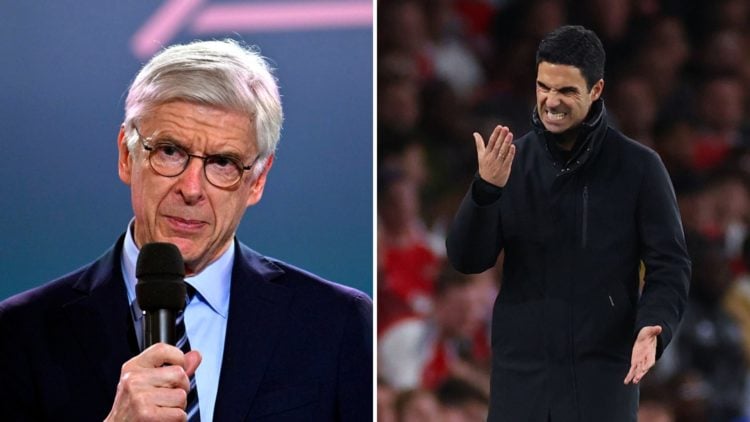 Split image of (L) Arsene Wenger speaking at an event and (R) Mikel Arteta looking frustrated during an Arsenal game