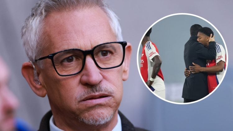 BBC Match of the Day presenter Gary Lineker during the Emirates FA Cup Semi Final with inset of Mikel Arteta and Myles Lewis-Skelly after being kno...
