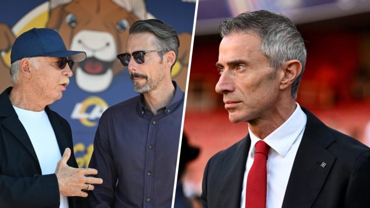 A split image featuring Arsenal owners Stan Kroenke and Josh Kroenke alongside Arsenal sporting director Andrea Berta