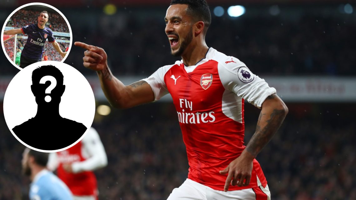 Theo Walcott of Arsenal celebrates scoring his sides first goal during the Premier League match between Arsenal and Stoke City, with inset of Santi...