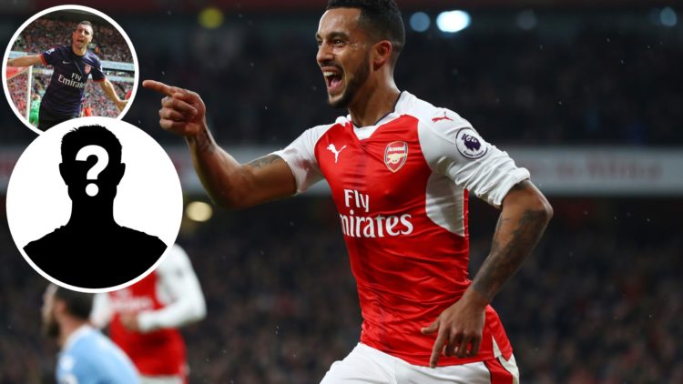 Theo Walcott of Arsenal celebrates scoring his sides first goal during the Premier League match between Arsenal and Stoke City, with inset of Santi...
