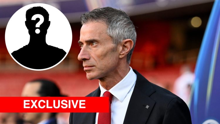 Andrea Berta looks on before Arsenal vs PSG in the Champions League semi-final, with mystery player inset and Arsenal Insider Exclusive Banner.