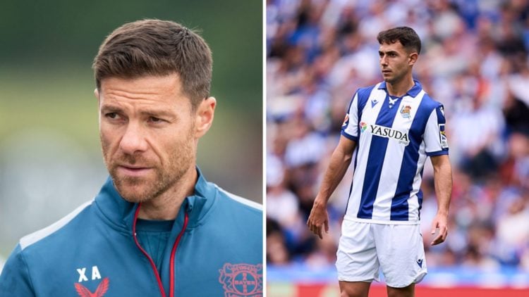 Split image of (L) Xabi Alonso in Bayer Leverkusen training and (R) Martin Zubimendi playing for Real Sociedad