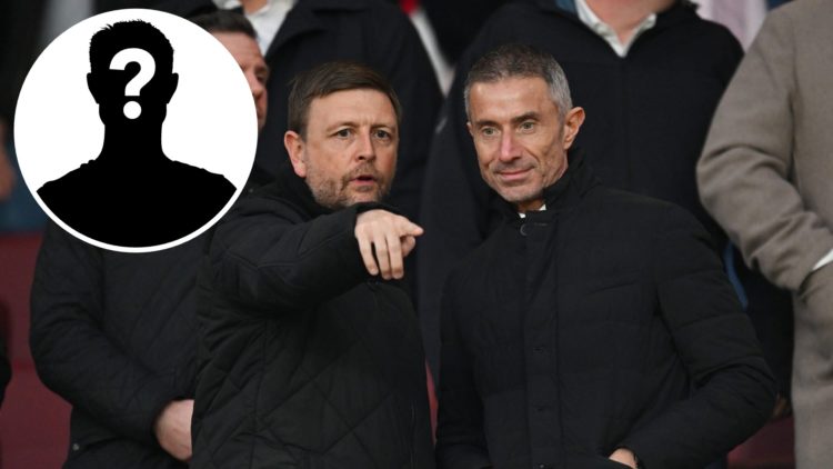 Andrea Berta, Sporting Director of Arsenal (R), speaks to Richard Garlick, Managing Director of Arsenal (L), with mystery player inset.