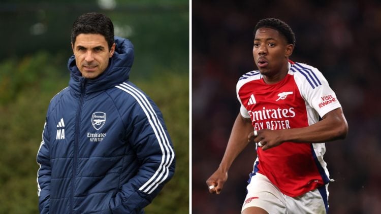 Mikel Arteta, Manager of Arsenal, looks on during a training session (L), Myles Lewis-Skelly of Arsenal controls the ball during the Premier League...