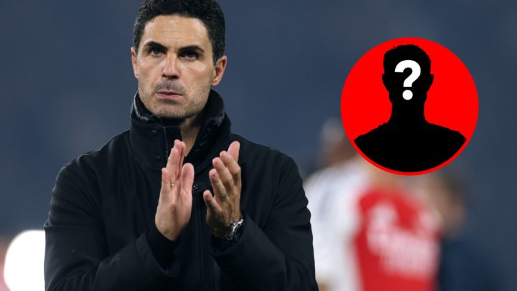 An image featuring Arsenal boss Mikel Arteta applauding after a match alongside a mystery player inset