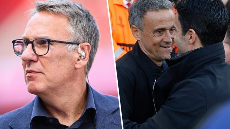 Paul Merson working as a pundit for Sky Sports ahead of the Premier League match between Manchester United and Arsenal FC at Old Trafford on May 12...