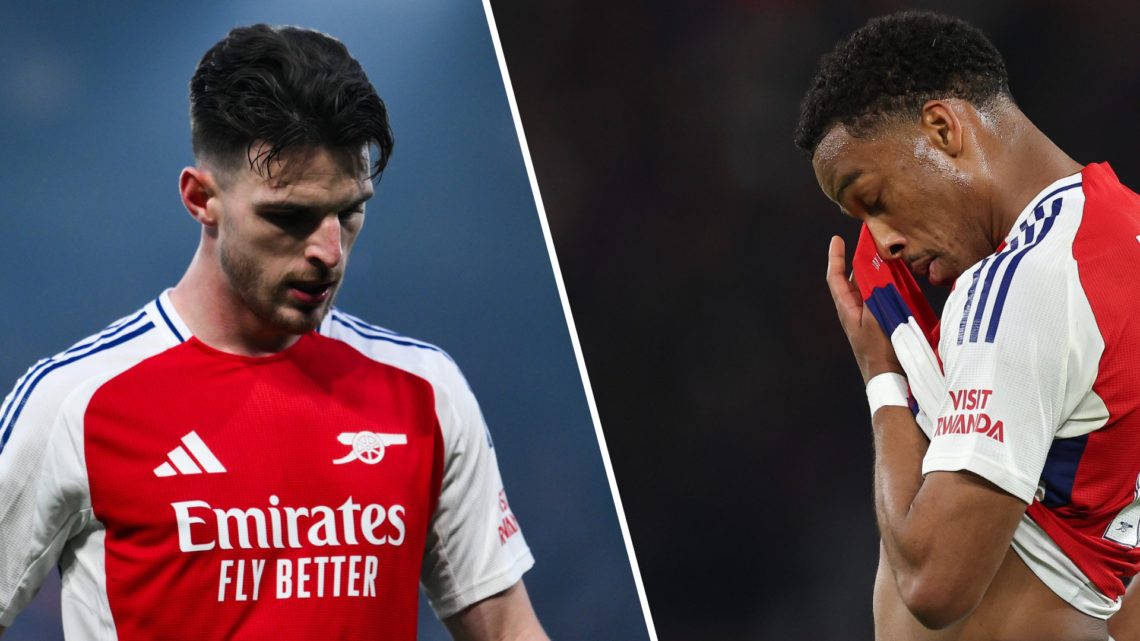 A split image featuring Jurrien Timber and Declan Rice of Arsenal