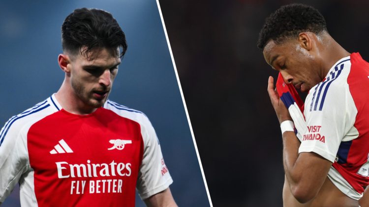 A split image featuring Jurrien Timber and Declan Rice of Arsenal