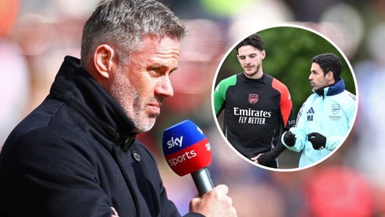 Jamie Carragher looks on ahead of the Premier League match between Liverpool FC and Brighton & Hove Albion with inset of Arsenal manager Mikel Arte...