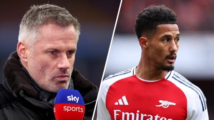 Split image of Jamie Carragher, Sky Sports pundit on the side line before the Premier League match between Aston Villa and Sheffield United (L) and...
