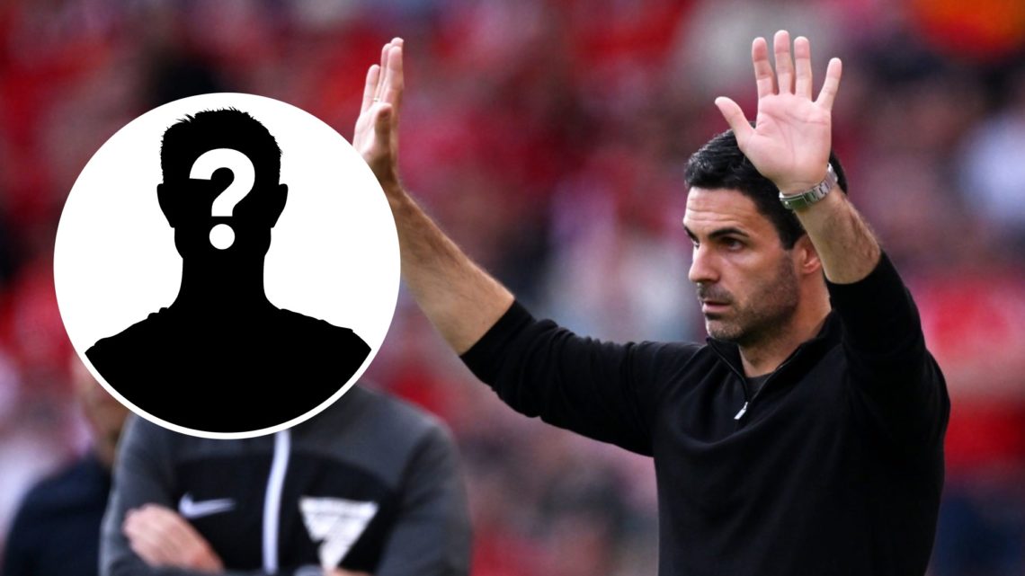 Mikel Arteta, Manager of Arsenal, gestures during the Premier League match between Liverpool FC and Arsenal FC at Anfield with inset of mystery icon.