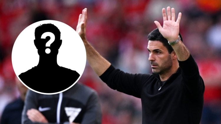 Mikel Arteta, Manager of Arsenal, gestures during the Premier League match between Liverpool FC and Arsenal FC at Anfield with inset of mystery icon.
