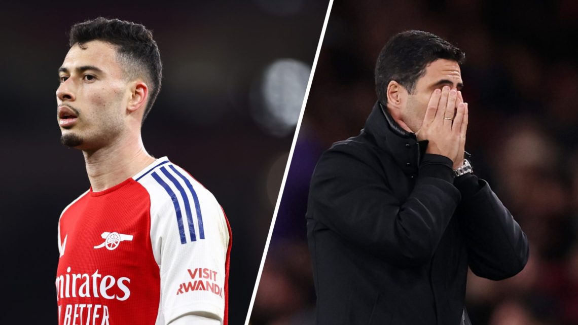 Split image of Gabriel Martinelli during the Premier League match between Arsenal and Manchester City (L) and Mikel Arteta during the Premier Leagu...