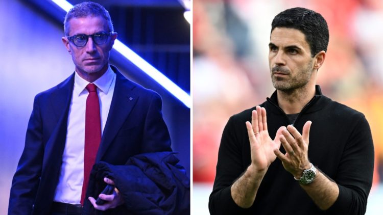 A split image featuring Arsenal sporting director Andrea Berta and head coach Mikel Arteta