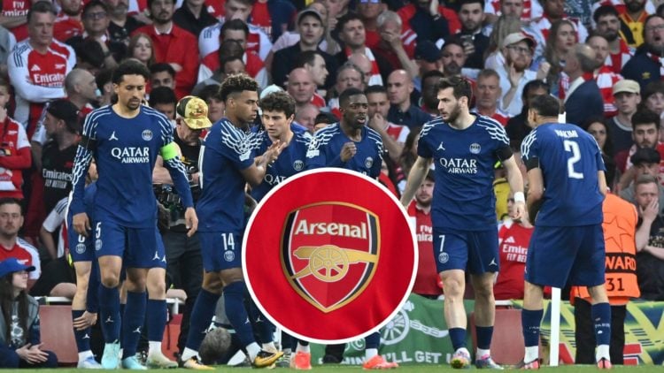 An image of PSG players celebrating Ousmane Dembele's goal with an inset of the Arsenal badge