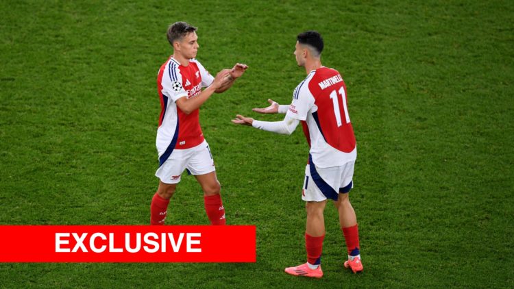 Leandro Trossard interacts with Gabriel Martinelli of Arsenal during the UEFA Champions League 2024/25 League Phase MD2 match between Arsenal FC an...