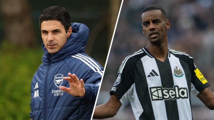 Split image of Mikel Arteta, manager of Arsenal, gesturing during a training session (L) and Alexander Isak during the Premier League match between...