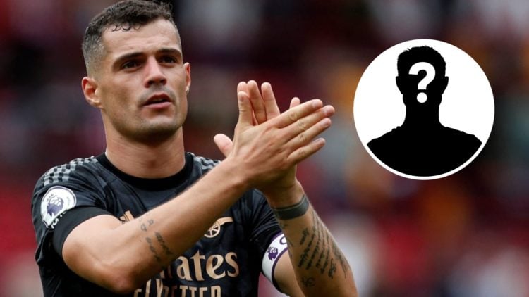 Granit Xhaka applauds the fans following the English Premier League football match between Brentford and Arsenal with mystery icon inset.